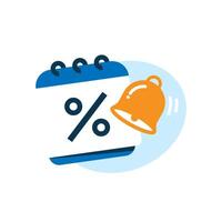 flat illustration of calendar date, percentage, and bell icon. discount reminders or promotions scheduled for a specific date. for use in e commerce banners, marketing campaigns, mobile app and web vector