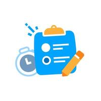 flat illustration of quick survey concept featuring clipboard with multiple choice options, pencil, and stopwatch. for educational materials, online surveys, user feedback forms or quiz applications vector