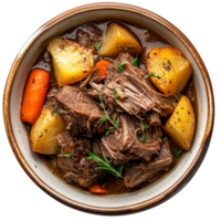 Delicious Beef Stew Tender Meat Potatoes Carrots Herb Garnish Top View png