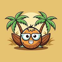 coconut cartoon character with sunglasses and palm trees vector