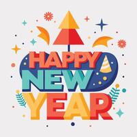 happy new year text with colorful tree and stars vector