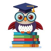 an owl wearing a graduation cap and glasses sits on top of a stack of books vector
