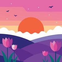a colorful background with tulips and birds vector
