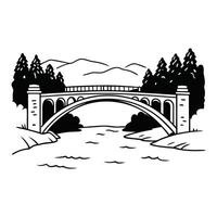 a black and white drawing of a bridge over a river vector