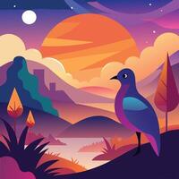 a colorful bird stands on a hill in front of a sunset vector