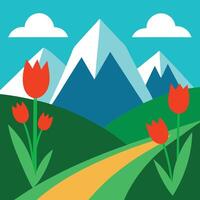 a flat design of a mountain with flowers and a road vector