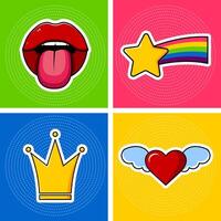 Clip art. Open mouth with tongue, yellow crown, heart with wings and rainbow comet. Stickers on a colored background. cartoon illustration. vector
