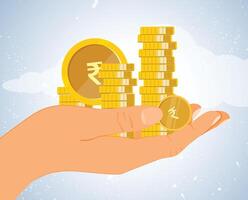 Shiny rupee coin falling into a hand vector