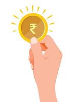 Man holding shining rupee coin paying bills vector