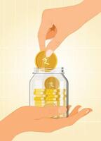 Man putting rupee coin in glass jar for investing purpose, saving rupee coin in jar, growth, income, saving, investment, for good return vector