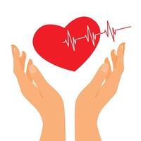 Holding red heart shape with ecg line vector