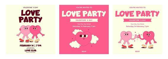Love Party Invitation set. Lovely and cute heart characters in retro groovy style. Valentines day, February 14. illustration with text vector