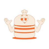 Funky burger character with chefs hat in trendy retro groovy style. Psychedelic fast food mascot with face and hands. Cool sticker in monochrome palette vector