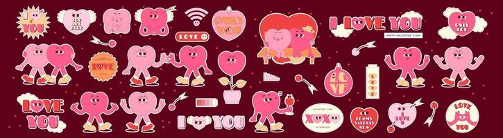 Retro groovy stickers set for Happy Valentines Day. Lovely and funny characters in shape of heart in trendy retro 60s 70s style. Love elements on dark background vector