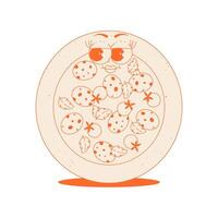 Funky round pizza character with pepperoni, tomatoes, basil in trendy retro groovy style. Psychedelic fast food mascot with face. Flat sticker in monochrome palette vector