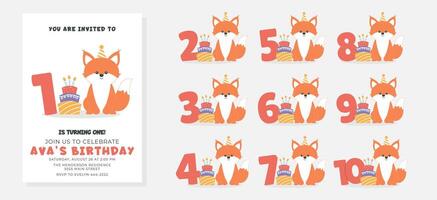 Greeting and invitation for kids Birthday party. Cute fox and set of numbers with animal and cake in flat childrens style. illustration collection, design for card, poster, event, prints vector