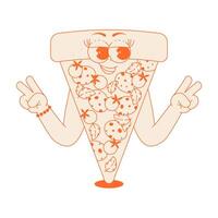 Funky pizza slice character with pepperoni, tomatoes, basil in trendy retro groovy style. Psychedelic fast food mascot with smiling face and hands. Flat in monochrome palette vector