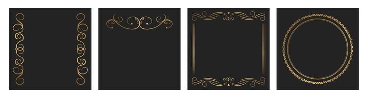 Set of decorative vintage frame or border with copy space and swirls divider. Templates for covers, invitations, menu. Gold layouts on black backgrounds vector