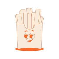 Funky french fries character in red box in trendy retro groovy style. Psychedelic fast food mascot with face. Cool sticker in monochrome palette vector
