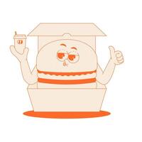 Funky burger character with drink in lunch box in trendy retro groovy style. Psychedelic fast food mascot with face and hands. Cool sticker in monochrome palette vector