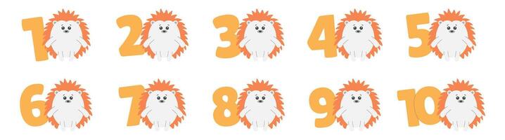 Cute Hedgehog character, numbers set. Beautiful elements for Kids Birthday Party invitation, greeting card, poster, event, prints and cake toppers design vector