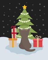 The kitten looks at the Christmas tree. Cute cat near the New Year tree.Christmas card with cat, kitten. Happy holidays. Greeting concept. Ideal for print, postcard or label. New Year card. vector