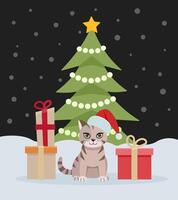 Cute cat near the New Year tree.Christmas card with cat, kitten. Happy holidays. Greeting concept. Ideal for print, postcard or label. New Year card. vector