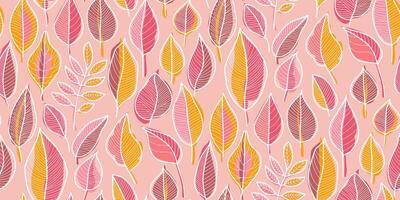 Seamless pattern of stylized leaves with varied leaf shapes in pink, orange, and yellow with white outlines on a soft pink background. Ideal for textiles, wallpapers, and decorative applications. vector