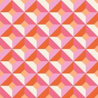 Vibrant geometric pattern with tessellated diamonds in orange, pink, and cream, creating 3D illusion. Perfect for wallpapers, textiles, packaging, web backgrounds, or modern interior design projects. vector