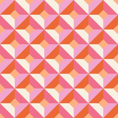 Vibrant geometric pattern with tessellated diamonds in orange, pink, and cream, creating 3D illusion. Perfect for wallpapers, textiles, packaging, web backgrounds, or modern interior design projects.