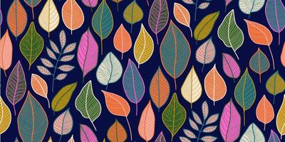 Vibrant stylized leaf pattern on dark blue background. Diverse shapes and sizes in pink, orange, green, and white with fine outlines. Ideal for textiles, wallpapers, and packaging design. vector