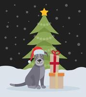 Cute dog near the New Year tree. Christmas card with dog, puppy. Happy holidays. Greeting concept. Ideal for print, postcard or label. New Year card. vector