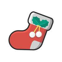 Red white sock with holly leaf with outline in flat design. vector