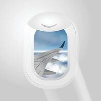 A panoramic view from an airplane window with a close-up of the wing. vector