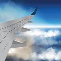 A panoramic view from an airplane with a close-up of the wing. vector
