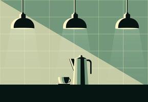 kitchen in retro style with a coffee pot and a cup on the table flat illustration vector