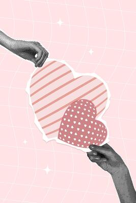Trendy halftone collage. Concept of holiday, congratulations, gift, declaration of love. Hands holding a heart made of cut paper, old paper in grunge style. Trendy retro collage from the 90s.