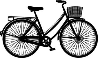 black illustration of a retro bicycle with a basket without background vector