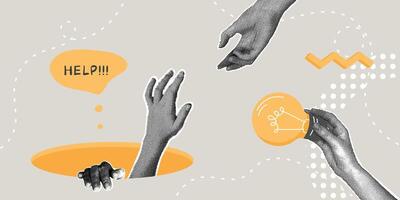 Fashionable halftone collage. Concept of success, life stability, asking for help, helping hand, idea of how to overcome adversity. The hand pulls out of the pit of failure vector