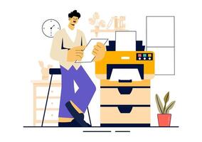 Illustration of a Printing Service Showing Large File Printers and Operational Machines in a Flat Style vector