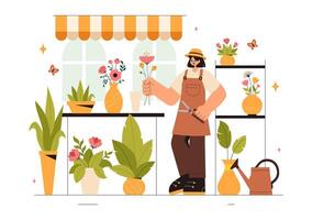 Florist Crafting Elegant Bouquets Illustration with a Flower Shop in a Flat Style Background vector