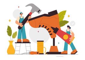 Shoe Crafting Process Illustration Featuring a Shoemaker and Footwear Tools in Flat Background vector