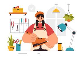 Illustration of a Shoemaker at Work Designing and Repairing Shoes in a Cartoon Style vector