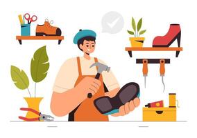 Shoemaking Process Illustration Featuring Craftsmanship and Footwear Design in Flat Style Background vector
