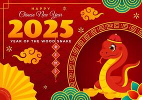 Happy Year of the Wood Snake 2025 Design with Chinese Lanterns and Floral Background vector