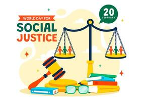 International Social Justice Day Illustration with Scales and Gavel Symbolizing Fairness and Equality in Flat Style vector