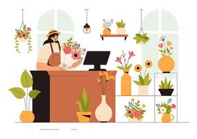 Professional Florist Designing Stunning Bouquets Illustration in a Flower Store Setting vector