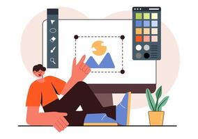 Illustration of a Graphic Designer at Work, Creating Cartoons and Animations with Modern Tools vector