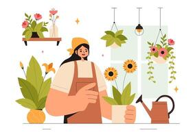 Illustration of a Florist Working on Custom Bouquets for Floral Gifts in a Flat Style vector