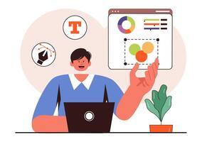 Graphic Designer Working with Design Software to Create Cartoon and Animation Products in a Flat Style vector